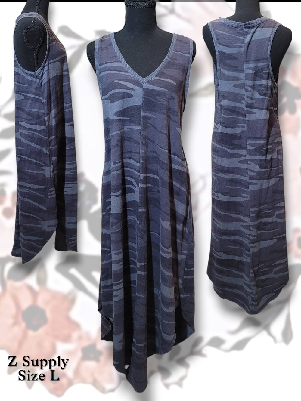 Z Supply Blue Gray Camo V-Neck Sleeveless Maxi Dress Size L